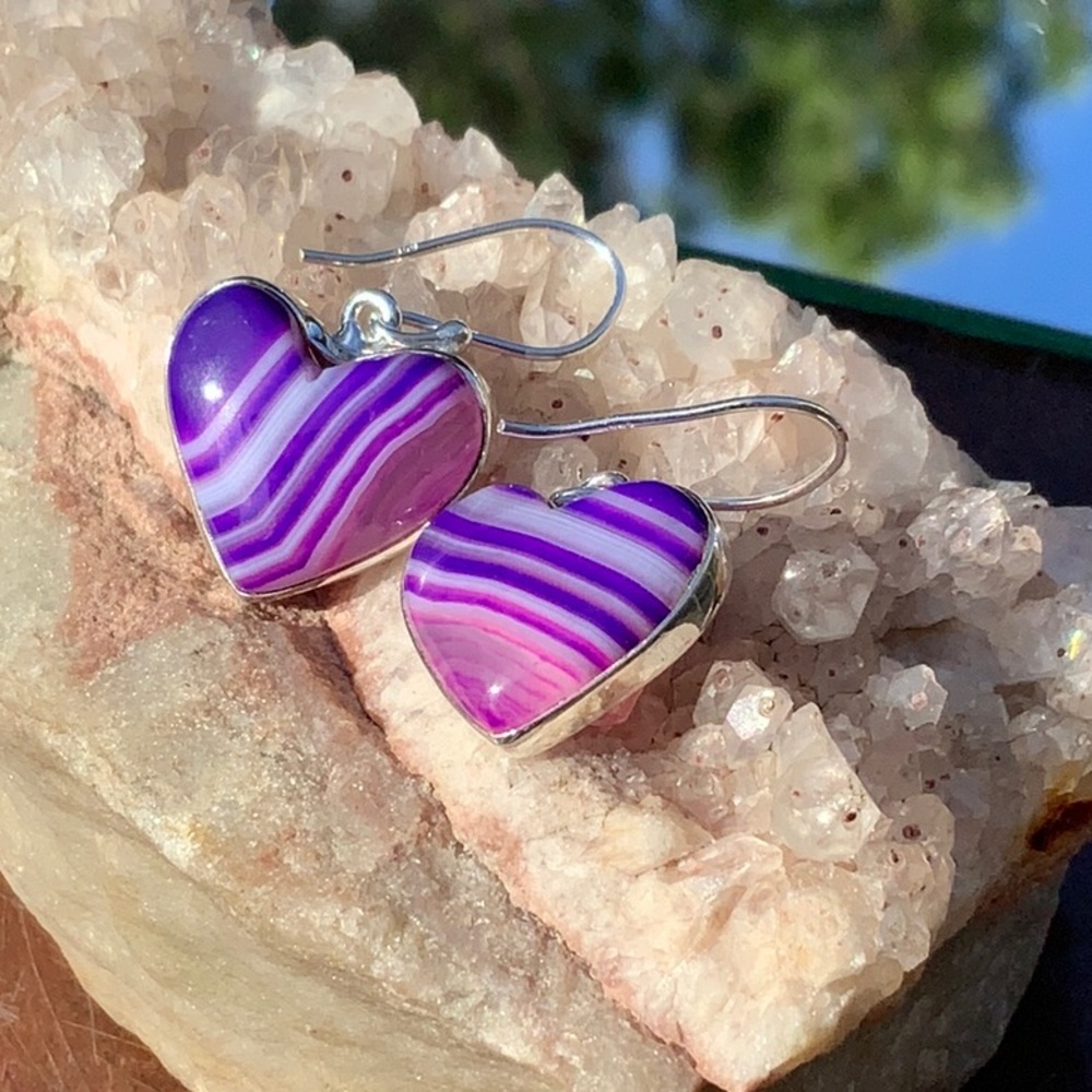 PURPLE BOTSWANA AGATE HEART 925 STERLING SILVER EARRINGS